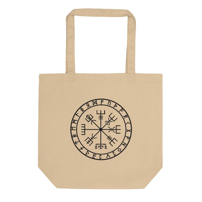 Beige tote bag featuring a hand-stitched vegvisir symbol, a Norse directional symbol representing guidance and protection. Perfect for everyday use or as a gift for Viking enthusiasts.