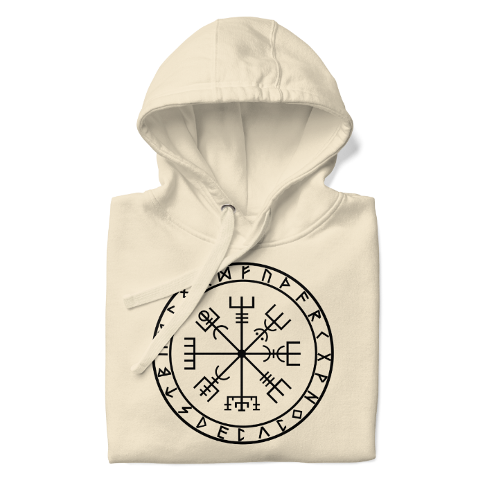 Bone cotton hoodie with the Vegvísir symbol, a Viking compass. Sudadera de algodón color hueso con el símbolo Vegvísir, una brújula vikinga