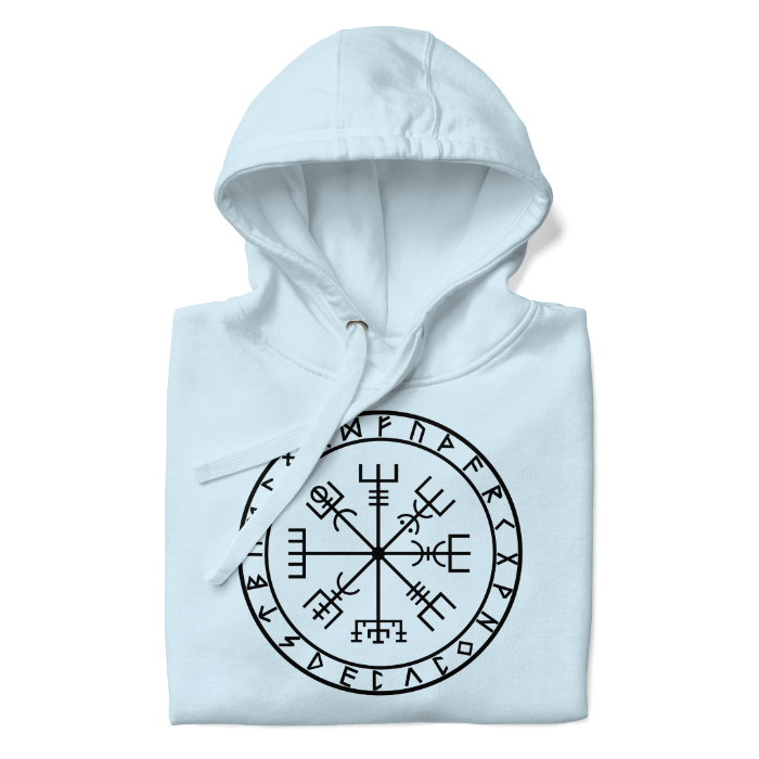 Sky blue cotton hoodie with the Vegvísir symbol, a Viking compass. Sudadera de algodón azul cielo con el símbolo Vegvísir, una brújula viking