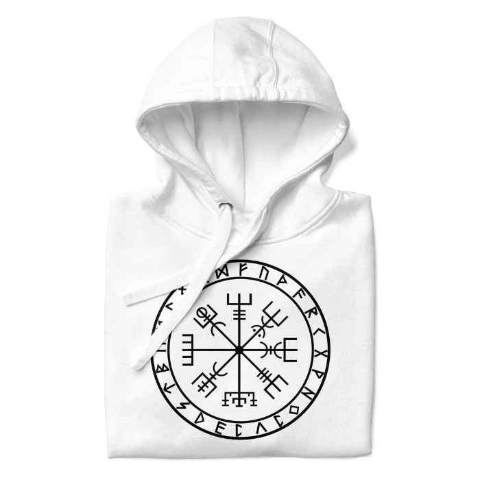 White cotton hoodie with the Vegvísir symbol, a Viking compass. Sudadera de algodón blanco con el símbolo Vegvísir, una brújula viking