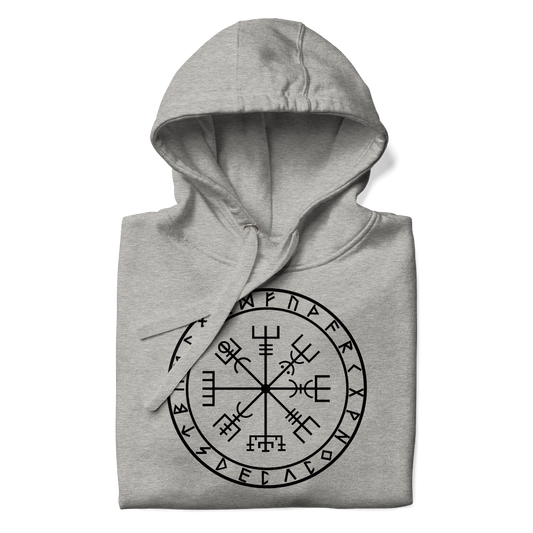 Grey cotton hoodie with the Vegvísir symbol, a Viking compass. Sudadera de algodón gris con el símbolo Vegvísir, una brújula viking